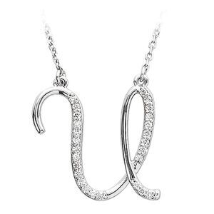 1/8 Ctw Diamond Sterling Silver Medium Script Initial U Necklace, 16in